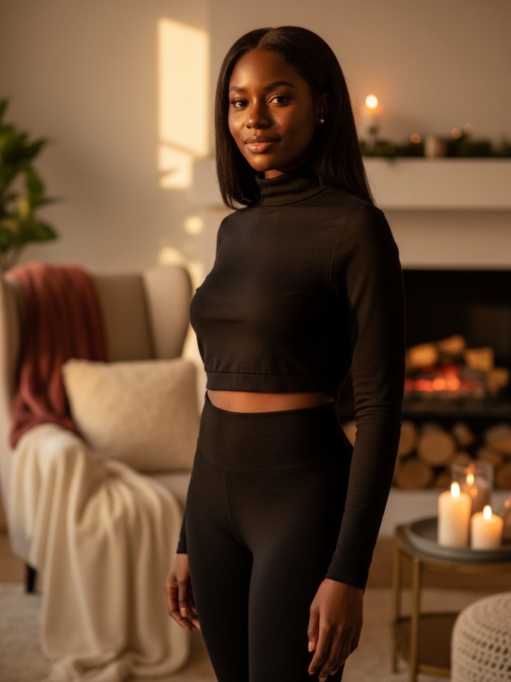Black Cropped Turtleneck Top and High-Waist Leggings Set